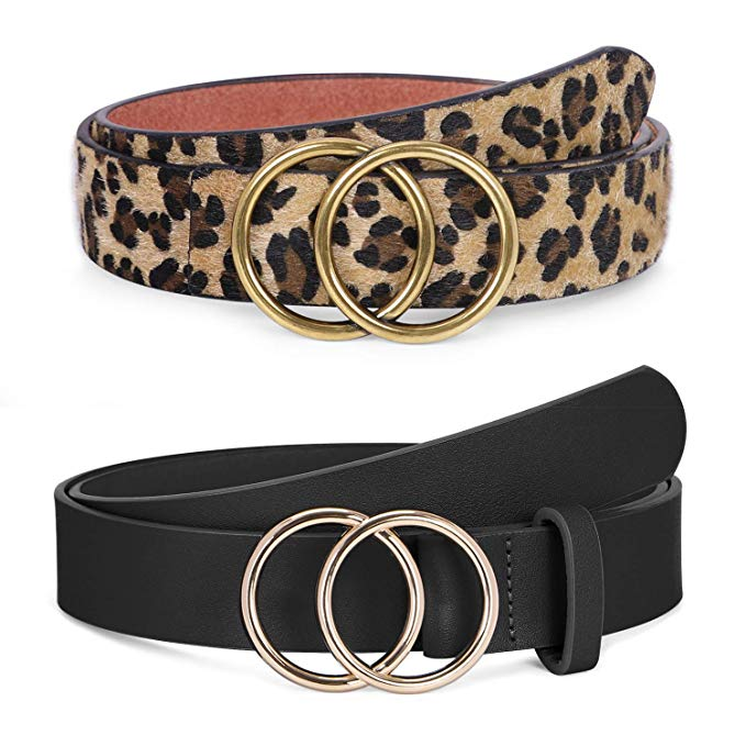 BALTEUS 2 Pack Women Leather Belts Faux Leather Jeans Belt with Double O-Ring Buckle 