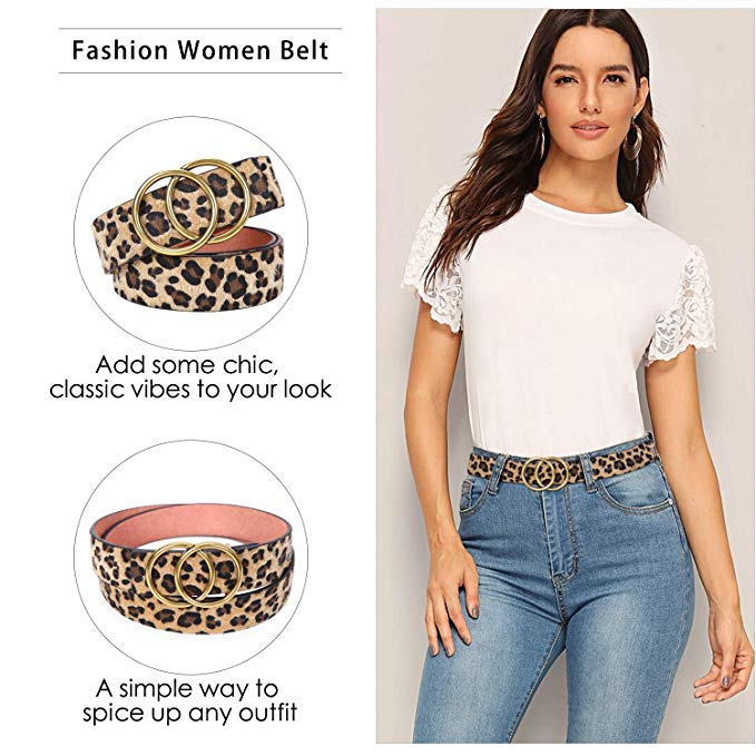 BALTEUS 2 Pack Women Leather Belts Faux Leather Jeans Belt with Double O-Ring Buckle 