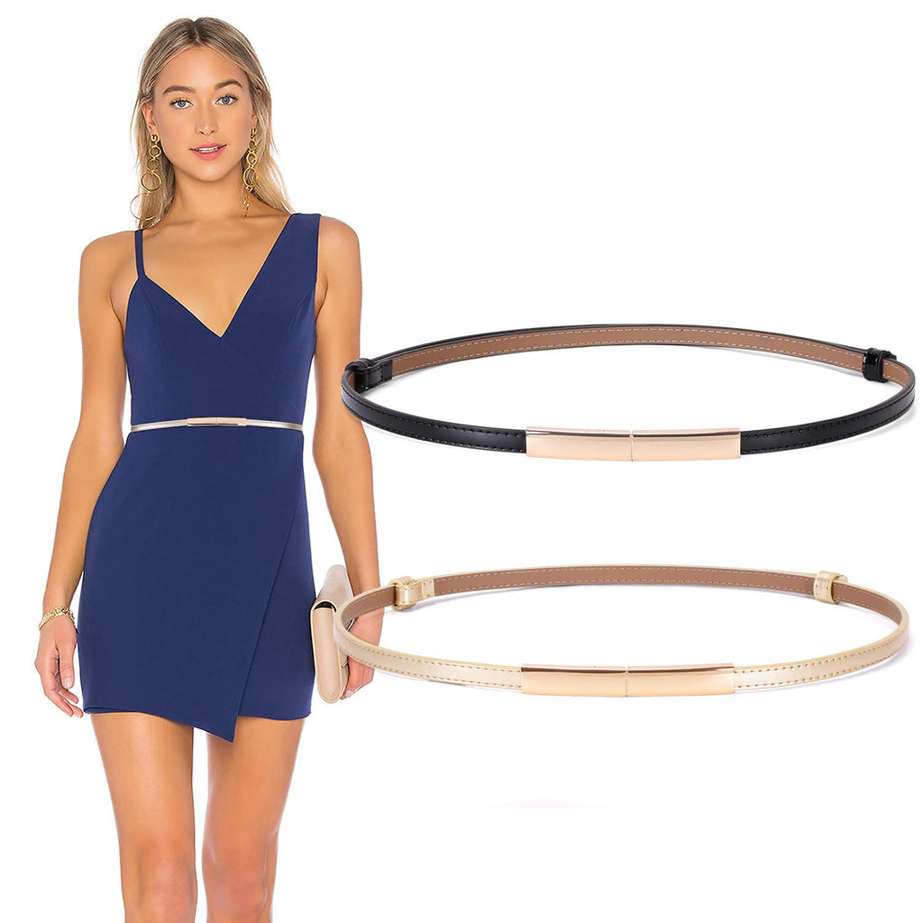 Women’s Skinny Leather Belt Adjustable Slim Waist Belt with Gold Alloy Buckle for Dress By JASGOOD 