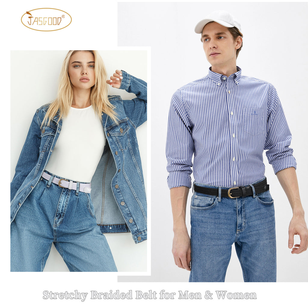 JASGOOD Elastic Braided Canvas Belt, Stretch Woven Belt for Jeans Shorts Pants Casual Golf Belt with Gold Buckle