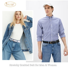 JASGOOD Elastic Braided Canvas Belt, Stretch Woven Belt for Jeans Shorts Pants Casual Golf Belt with Gold Buckle