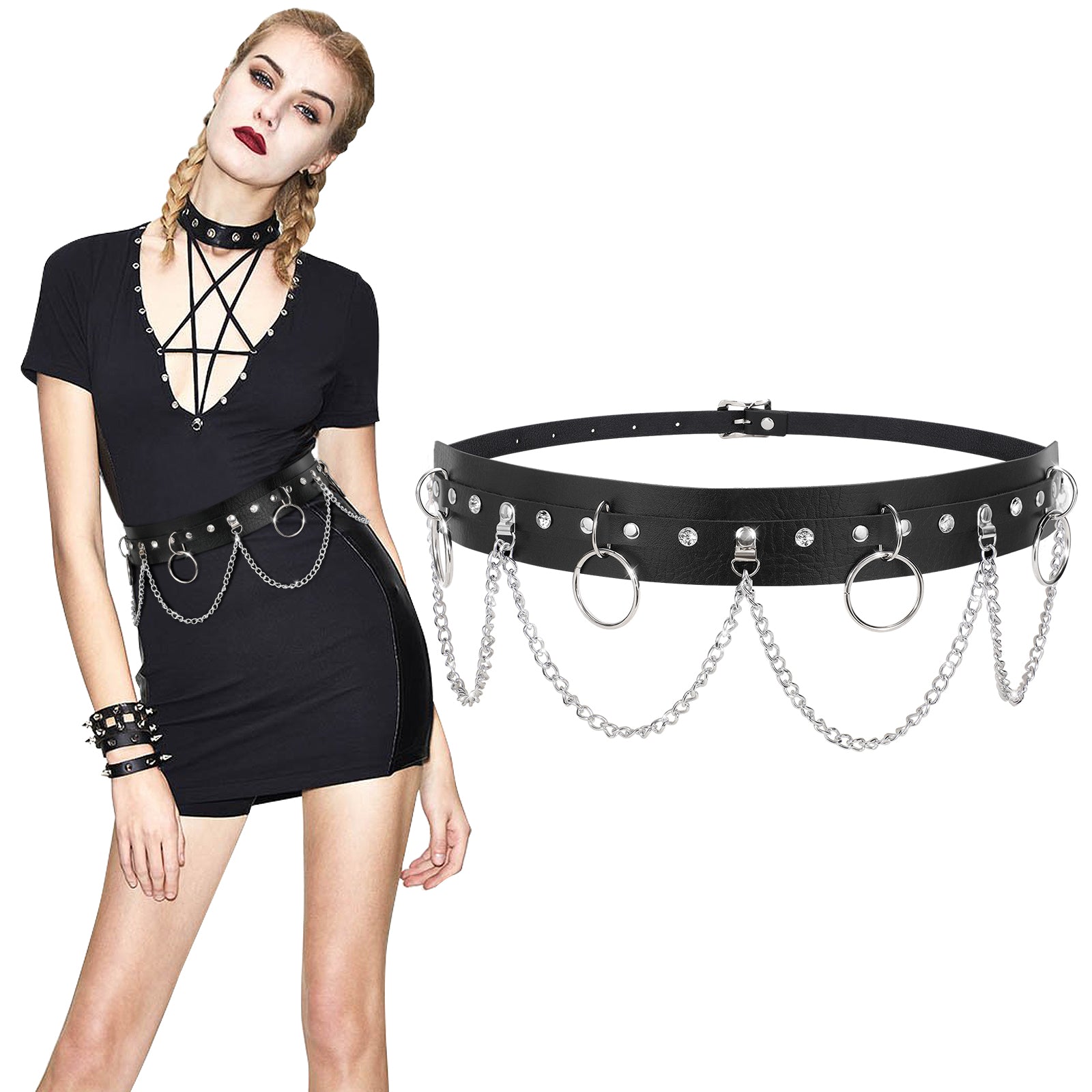 Halloween Punk Black Waist Chain Belt Women Leather Rave Body Goth Accessories Jewelry for Girls by JASGOOD - JASGOOD OFFICIAL