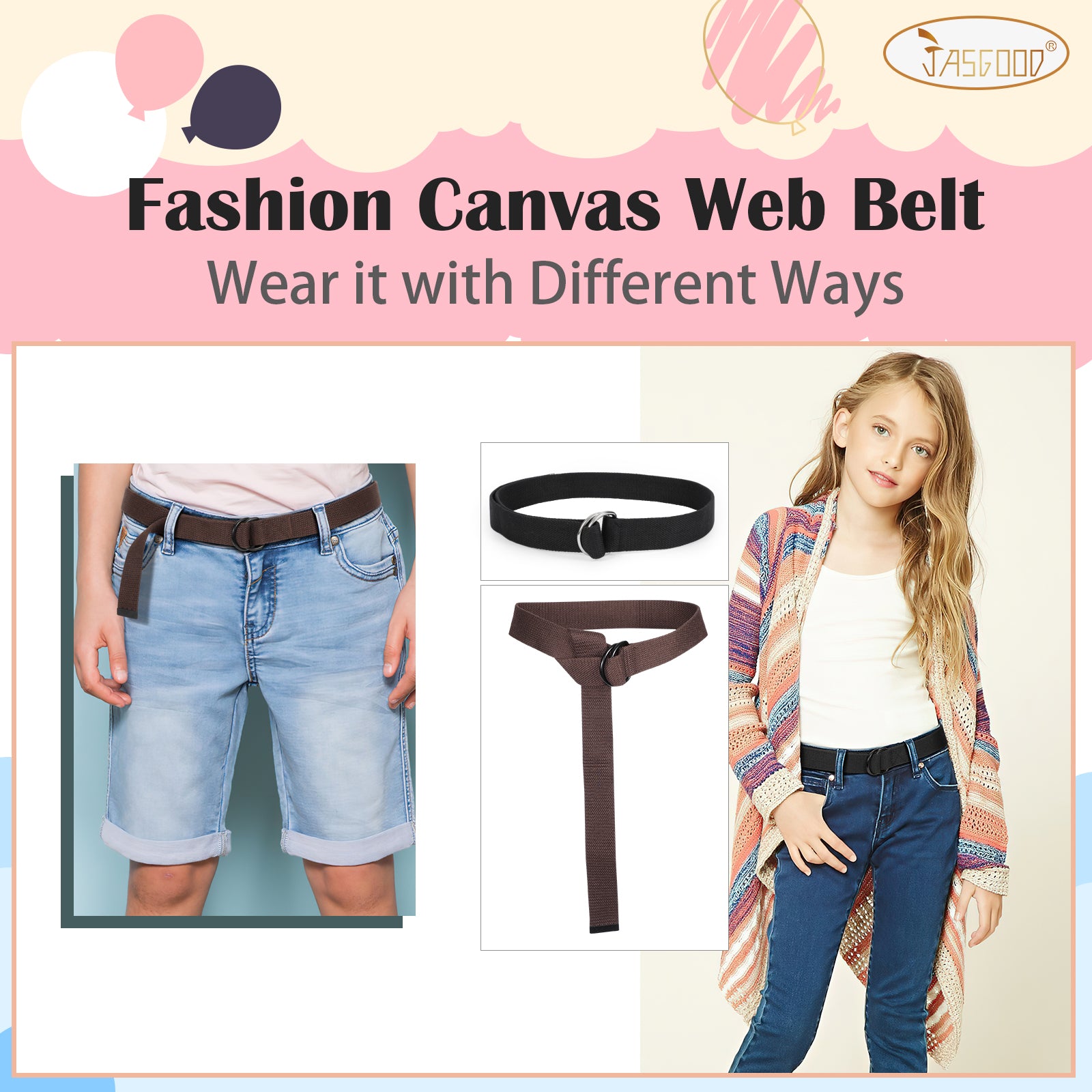 Boy's Belt JASGOOD Kids Canvas Web Belt Football Belt with Double D-ring Buckle - JASGOOD OFFICIAL