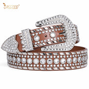 Women Halloween Rhinestone Studded Western Leather Belt Ladies Vintage Bling Cowgirl Waist Belt for Jeans Dress - JASGOOD OFFICIAL