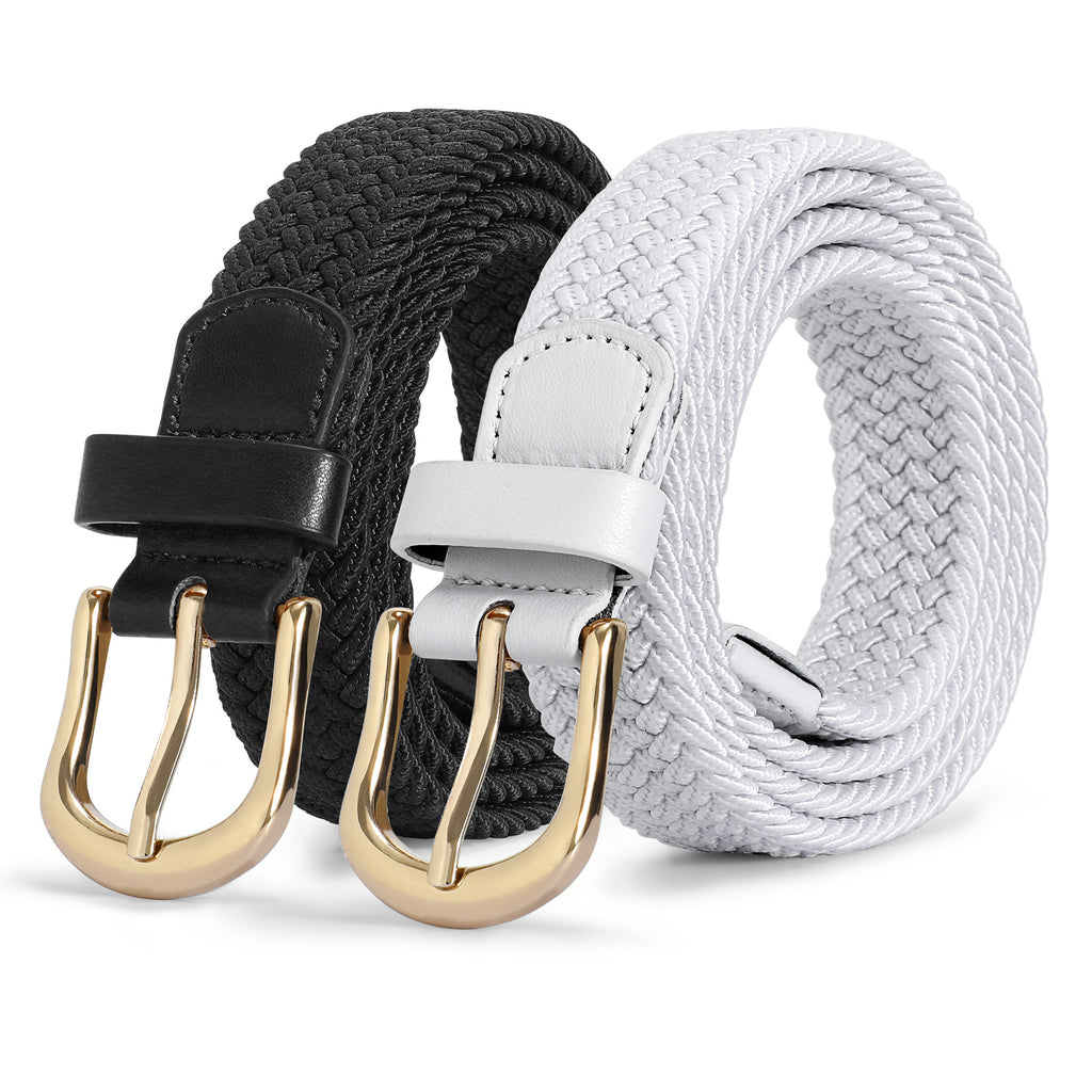 JASGOOD Elastic Braided Canvas Belt, Stretch Woven Belt for Jeans Shorts Pants Casual Golf Belt with Gold Buckle