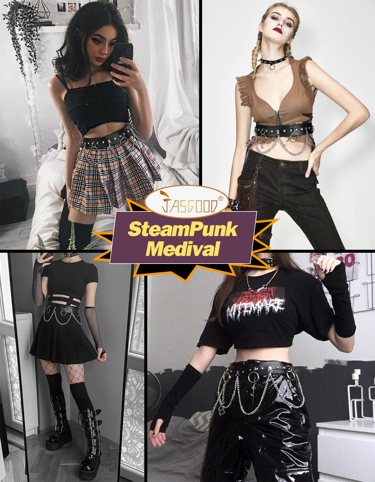 Halloween Punk Black Waist Chain Belt Women Leather Rave Body Goth Accessories Jewelry for Girls by JASGOOD - JASGOOD OFFICIAL