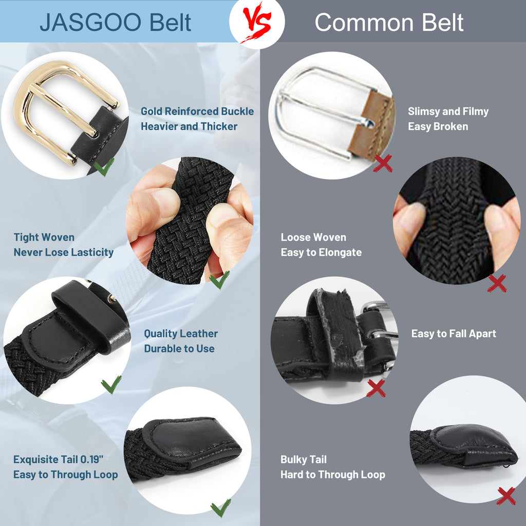 JASGOOD Elastic Braided Canvas Belt, Stretch Woven Belt for Jeans Shorts Pants Casual Golf Belt with Gold Buckle