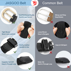 JASGOOD Elastic Braided Canvas Belt, Stretch Woven Belt for Jeans Shorts Pants Casual Golf Belt with Gold Buckle