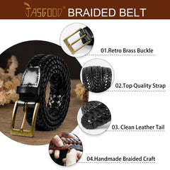 Men's Braided Leather Belt, Braided Woven Belt for Men Casual Jeans with Solid Strap Single Prong Buckle by JASGOOD - JASGOOD OFFICIAL