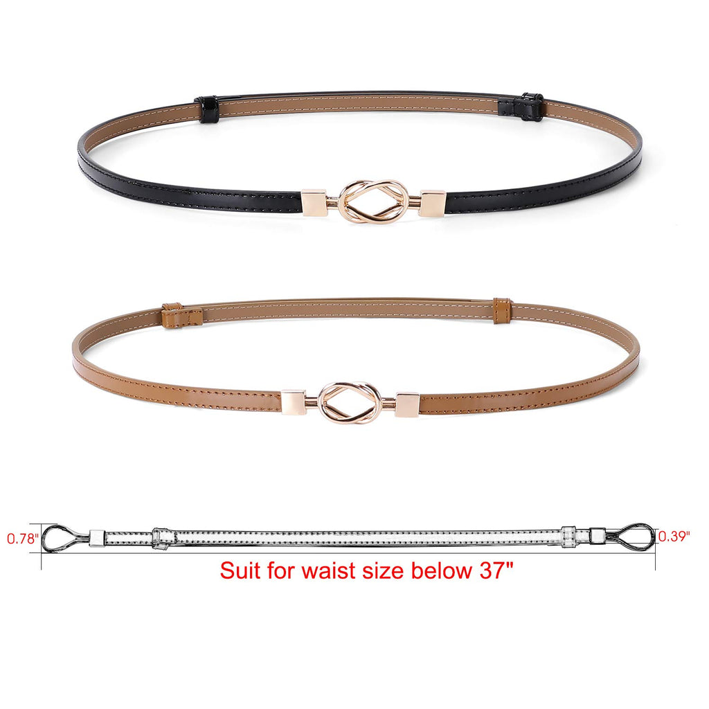 Leather Skinny Women Belt Thin Waist Belts for Dresses Up to 37" with Interlocking Buckle 2 Pack 