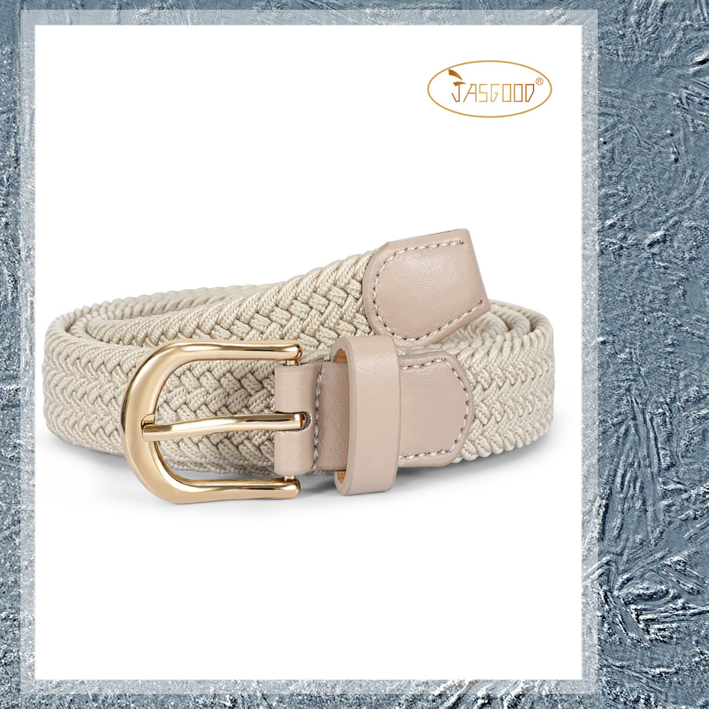 JASGOOD Elastic Braided Canvas Belt, Stretch Woven Belt for Jeans Shorts Pants Casual Golf Belt with Gold Buckle