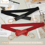 JASGOOD 2 Pack Women Skinny Belt for Dresses Thin Retro Stretch Ladies Waist Belt with Gold Buckle…