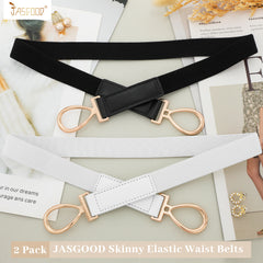 JASGOOD 2 Pack Women Skinny Belt for Dresses Thin Retro Stretch Ladies Waist Belt with Gold Buckle…