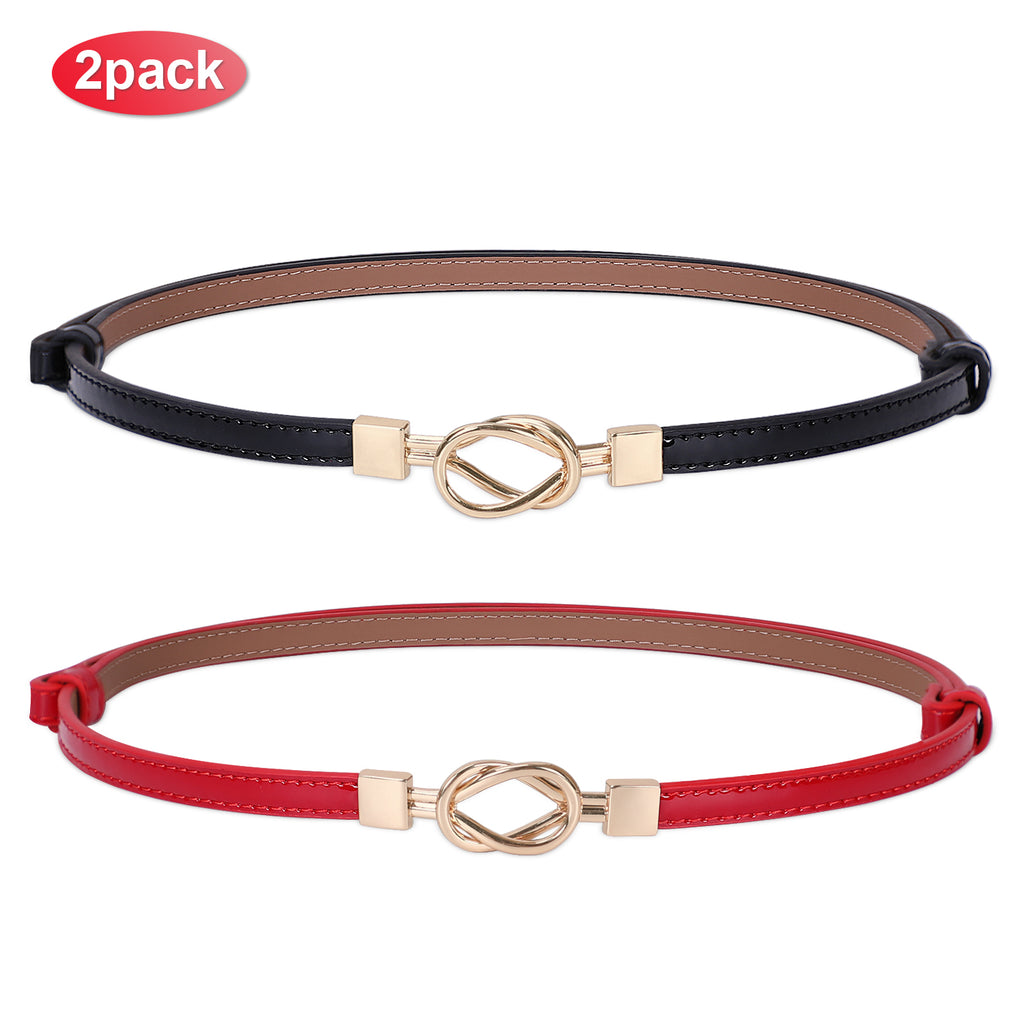Leather Skinny Women Belt Thin Waist Belts for Dresses Up to 37" with Interlocking Buckle 2 Pack 