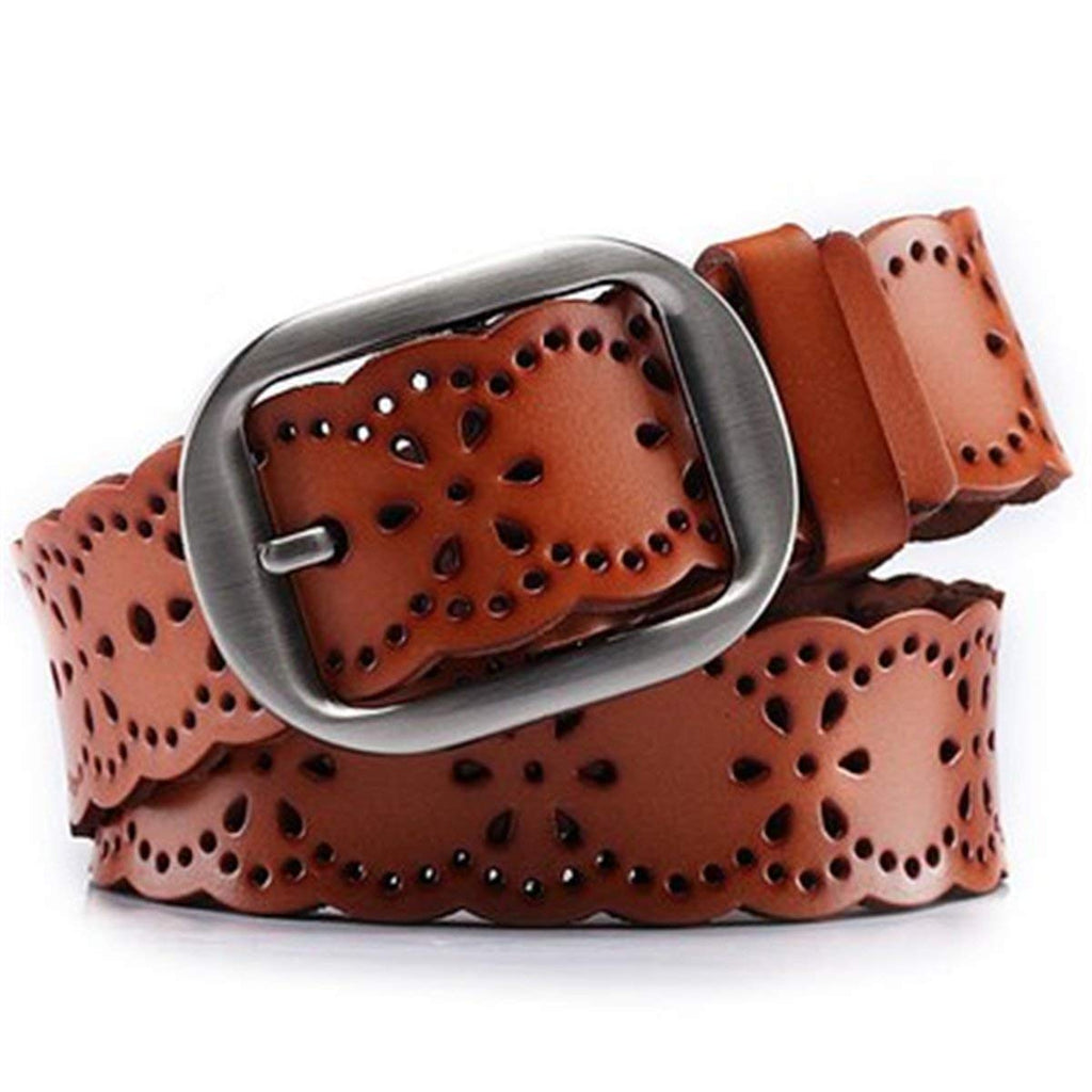 Women’s Hollow Flower Genuine Cowhide Leather Belt With Alloy Buckle by JASGOOD 