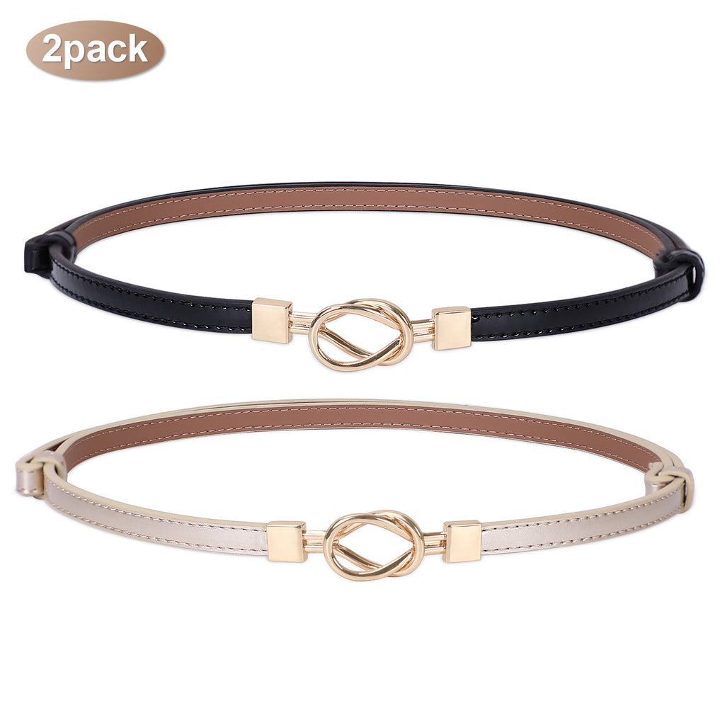 Leather Skinny Women Belt Thin Waist Belts for Dresses Up to 37" with Interlocking Buckle 2 Pack 