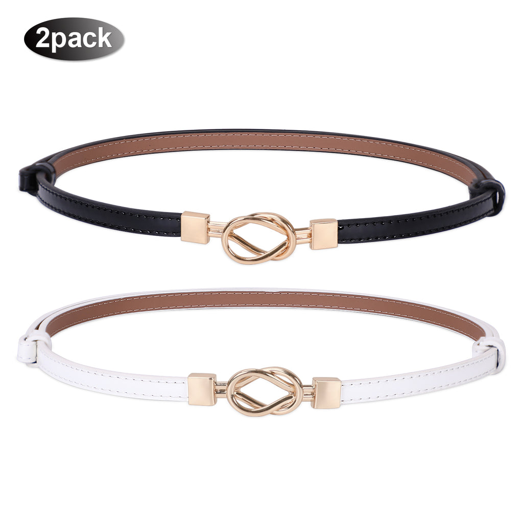 Leather Skinny Women Belt Thin Waist Belts for Dresses Up to 37" with Interlocking Buckle 2 Pack 