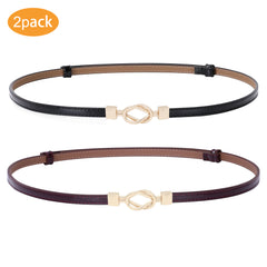 Leather Skinny Women Belt Thin Waist Belts for Dresses Up to 37" with Interlocking Buckle 2 Pack 