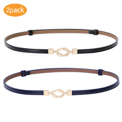 Leather Skinny Women Belt Thin Waist Belts for Dresses Up to 37" with Interlocking Buckle 2 Pack 